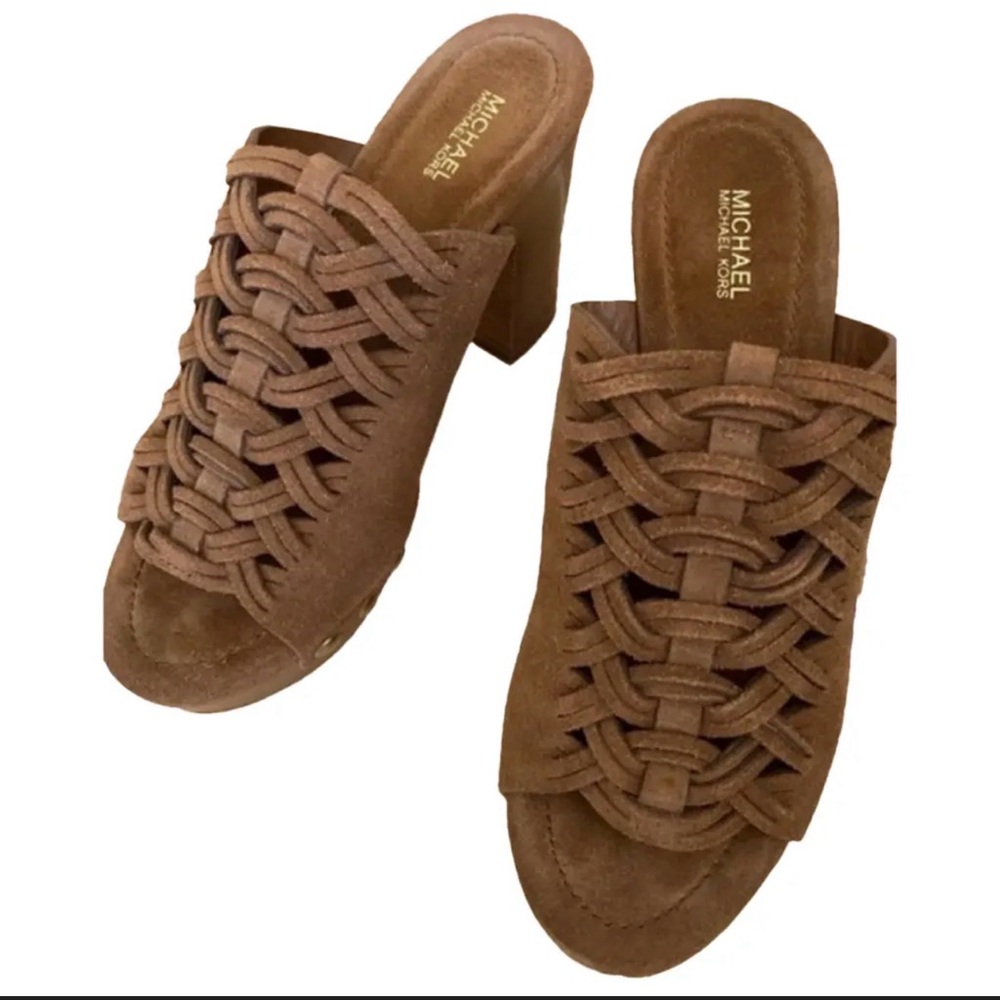 Michael Kors Tan Suede Woven Platform Clog Mules - Picture 1 of 10